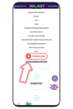 Casino Rocket App Download-Schaltfläche im Menü antippen