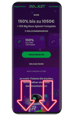 Rocket Casino App Android – Webseite öffnen und nach unten scrollen