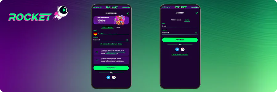 Anmeldung und Login am Handy Rocket